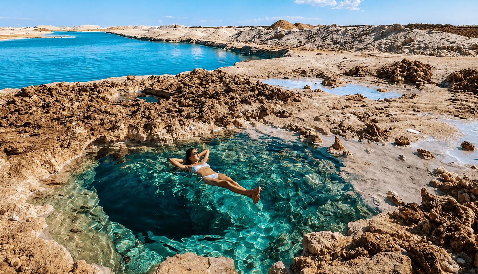 Persona flotando en una piscina natural de agua turquesa entre rocas del desierto egipcio